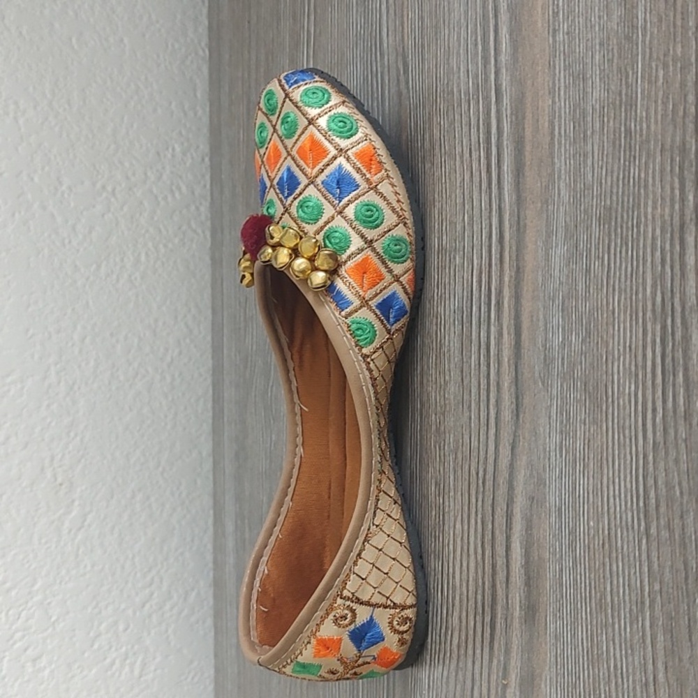 Girls Indian Punjabi Colorful Flat Shoes Bells On Vamp Size 2 Blue Gold Orange - Picture 4 of 13